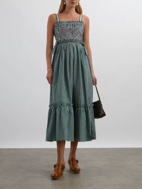 NWT Hunter Bell Larissa Green And White Gingham Smocked Midi Dress Womens XL